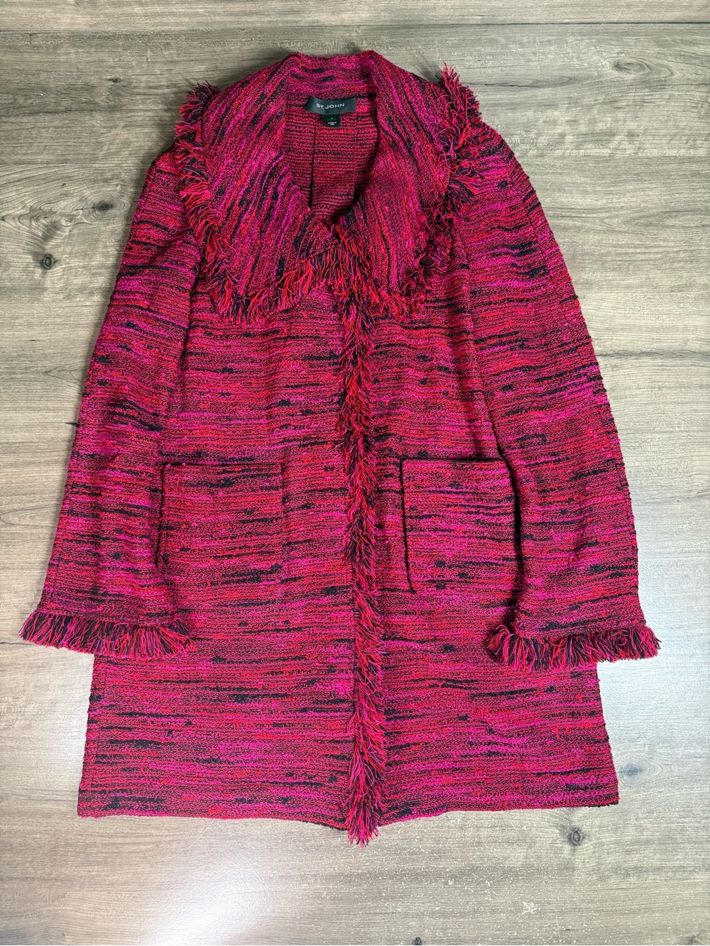 St John Collection Size 4 Red Pink Black Boucle Knit Jacket Skirt Suit Set USA